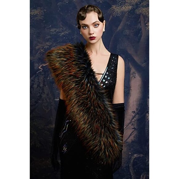 🆕 Luxury Black Gold Vegan Fur Collar Wrap Winter Cloak Bridal Wedding Cover Up - Picture 2 of 6